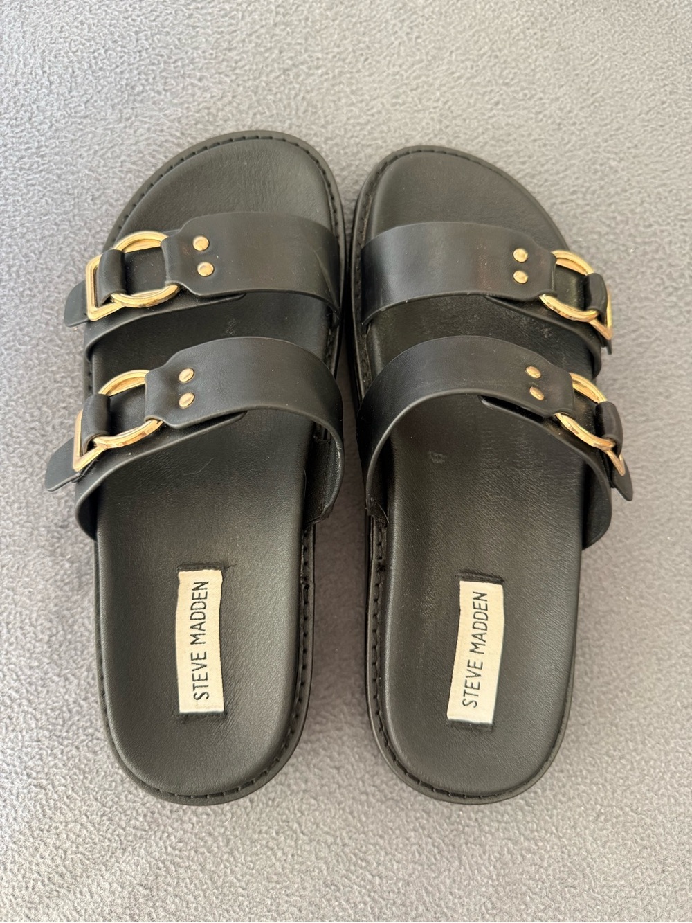 Steve Madden Black Slide Sandals with Gold Buckles